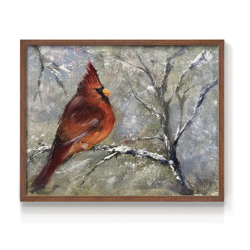 Cardinal dans la neige II - reproduction encadrée, H 8 po x l 10 po, Noyer