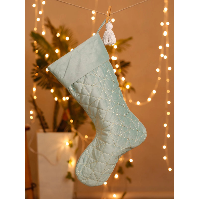 Bas de Noël en velours turquoise avec pampilles | Décoration de Noël faite à la main | Cadeau de Noël écologique campagnard