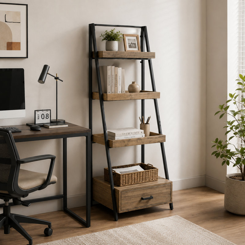 Chillon 59.06" H x 17.52" W Ladder Bookcase Acacia Wooden Shelves with Steel Frame