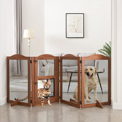 Metal Mesh Wooden Small Animal Pet Barrier with Walk Through Door and Support Feet