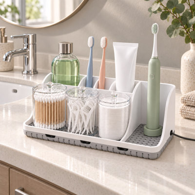 Bathroom Counter Organizer with 3 Storage Jars, Toothbrush Holder with Drainage Design