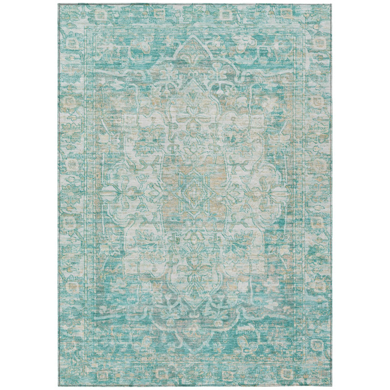 Teal Rectangular Washable Synthetic Traditional Persian Rug 3' x 5'