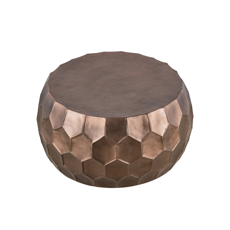 Table basse ronde en aluminium 32 po, base en diamant brillant, design martelé à la main, finition cuivre antique, espace de rangement spacieux pour le salon hexagonal