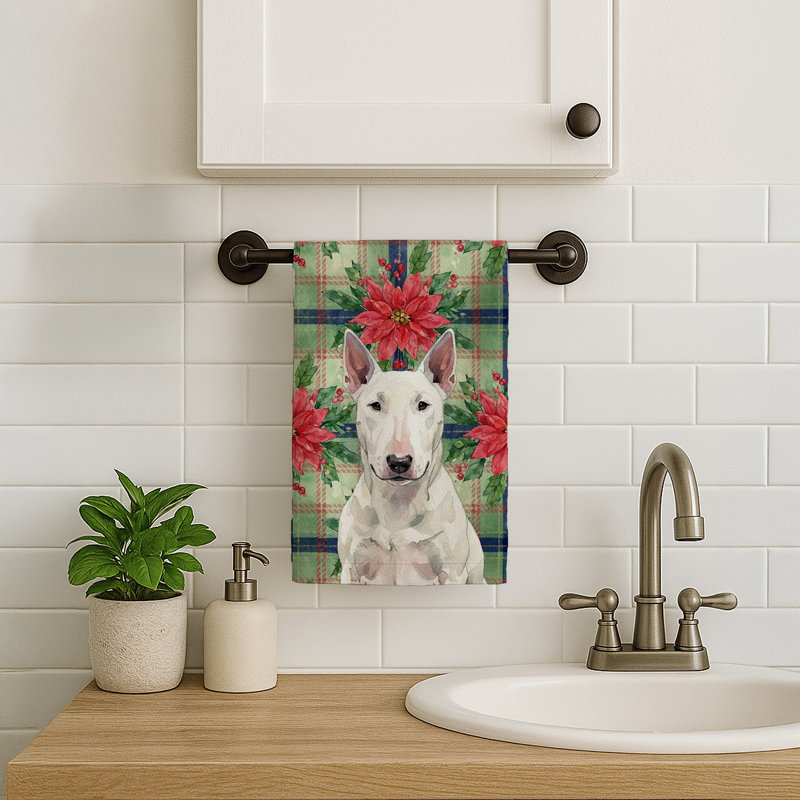 White Bull Terrier Christmas PoinsettIas Kitchen Towel, White Bull Terrier