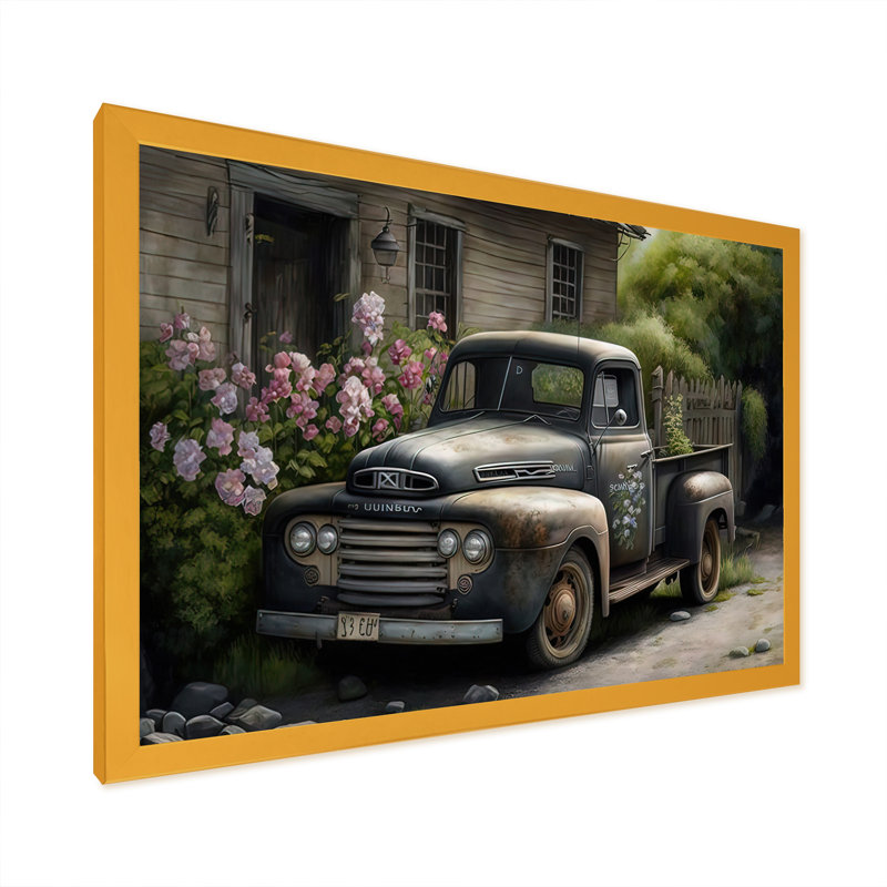Voiture rétro à la grange - peinture sur toile, H 12 po x l 20 po x P 1 po, Impression dorée sur toile encadrée
