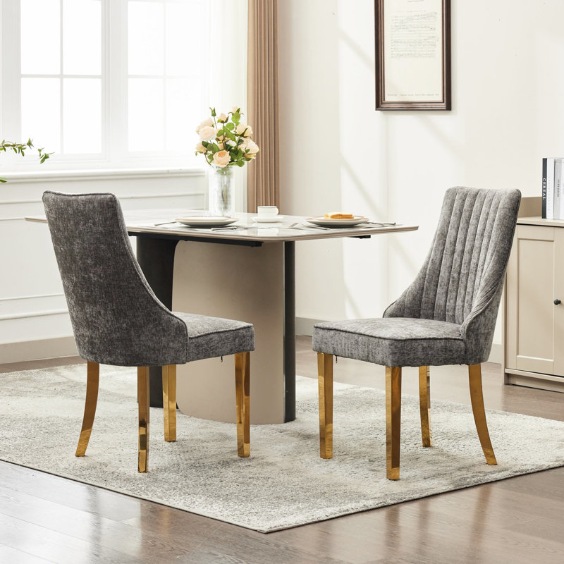 Rayonne, gris, chenille, chaises de salle à manger, design américain, pieds en acier inoxydable doré, confort élevé et durable