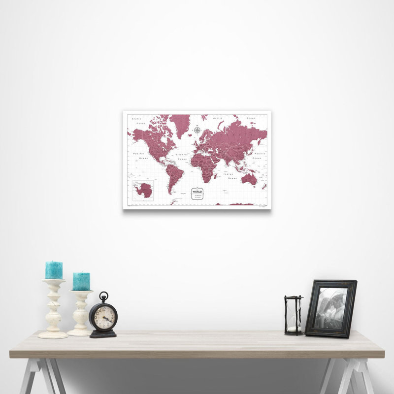 «World Push Pin Travel Destination Map», impression sur toile tendue, L 24 po x H 16 po, Gris foncé / blanc