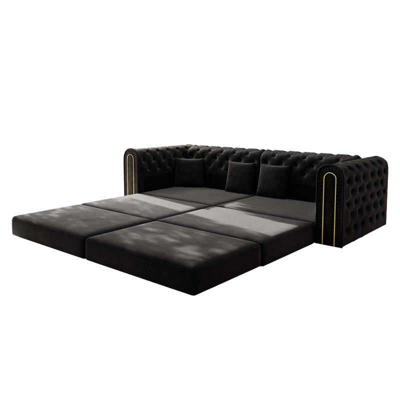 Canapé-lit convertible de 90,6 pouces 3-en-1 avec repose-pieds mobile, capitonnage et garniture dorée pour une vie moderne multifonctionnelle.