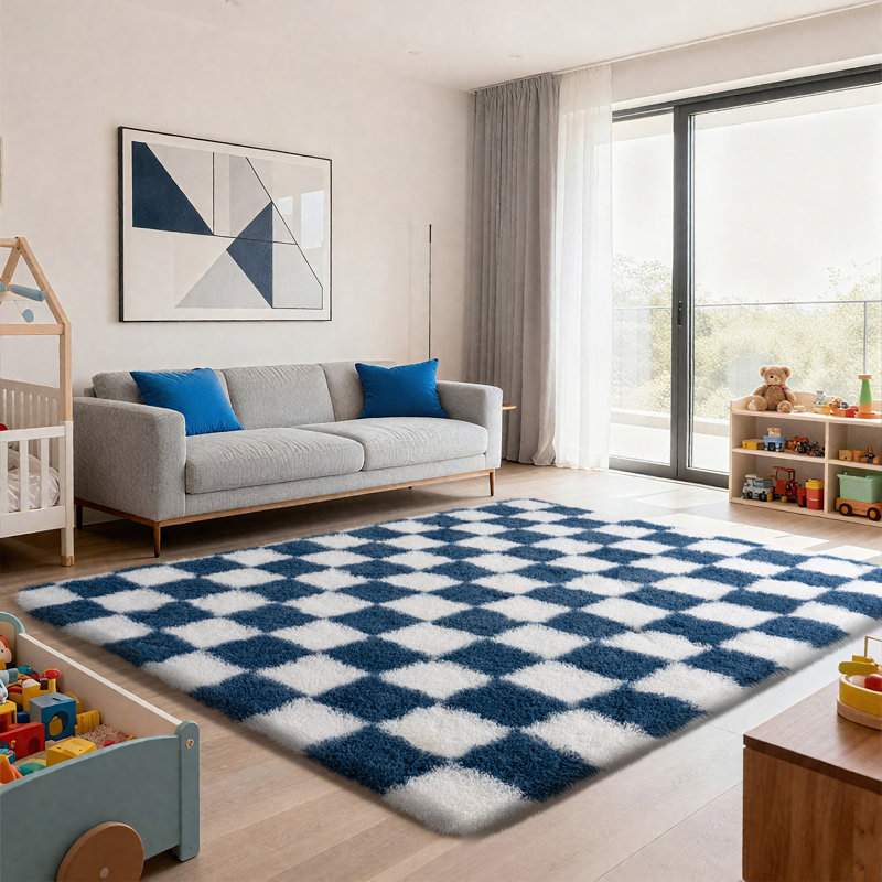 Tapis doux et antidérapant à rayures bleues et blanches, idéal pour le chevet, les chambres d'enfants et les salons., Bleu