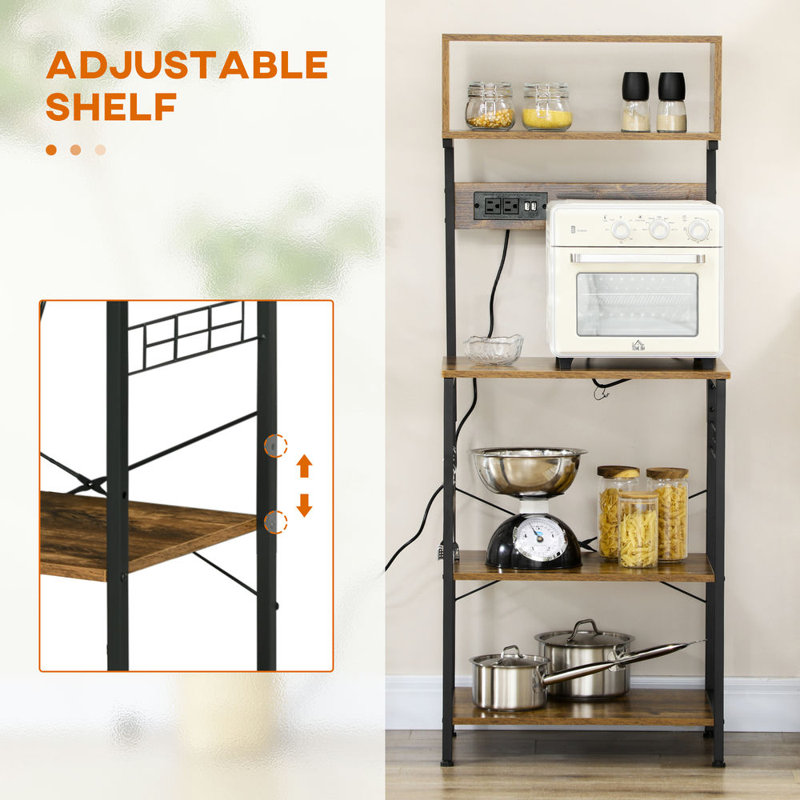 Rustic Brown Adjustable Kitchen Baker's Rack with Power Outlet