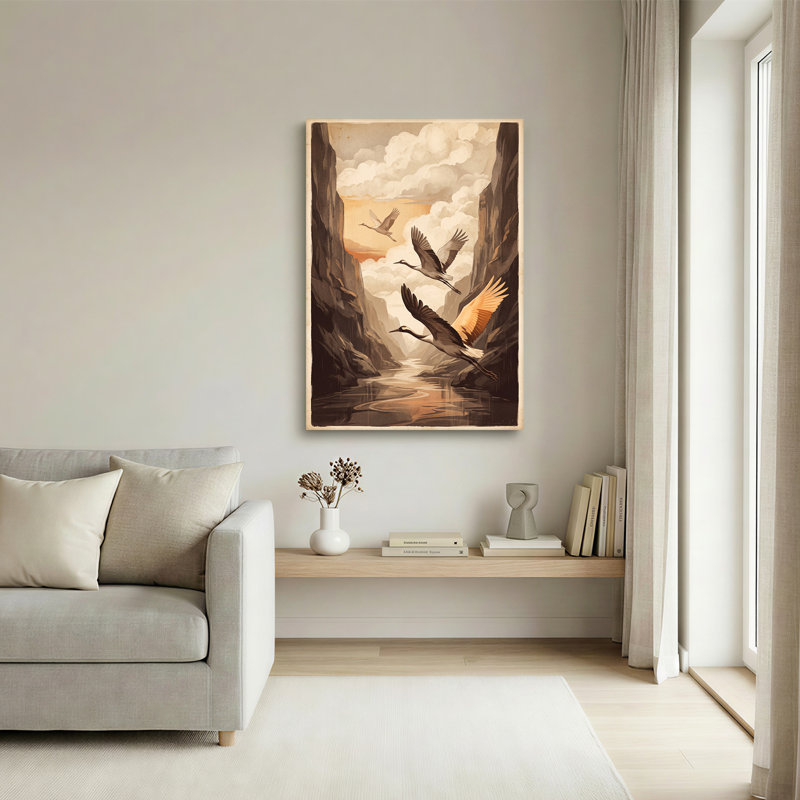 «Flying Cranes Over Canyon River at Sunset», art mural, H 48 po x l 32 po