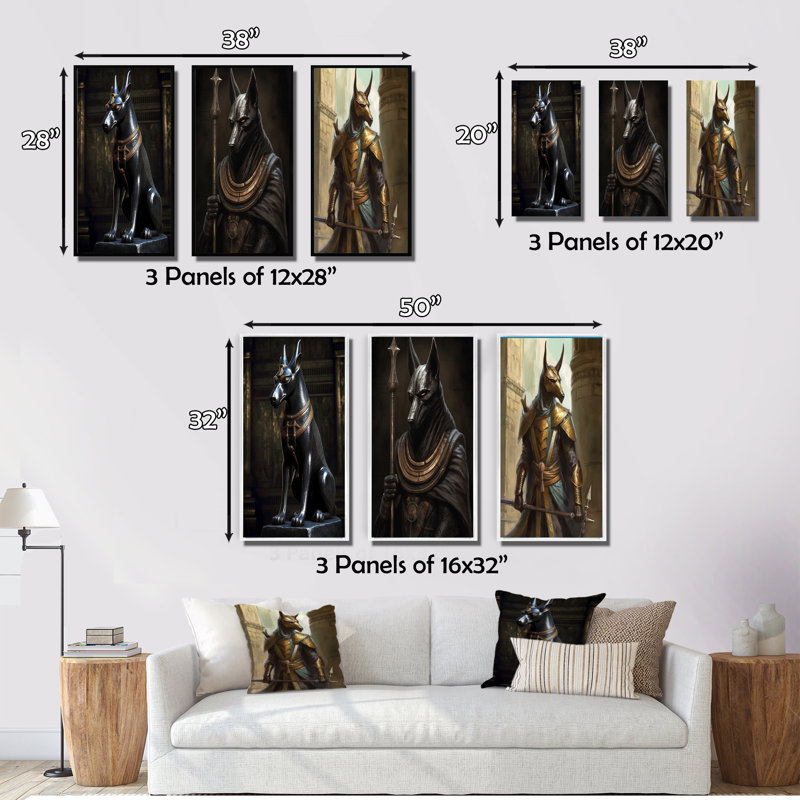 «Vintage Anubis Ancien Egyption Jackal God II», 3 pièces sur toile, Cadre flottant noir, H 32 po x l 48 po