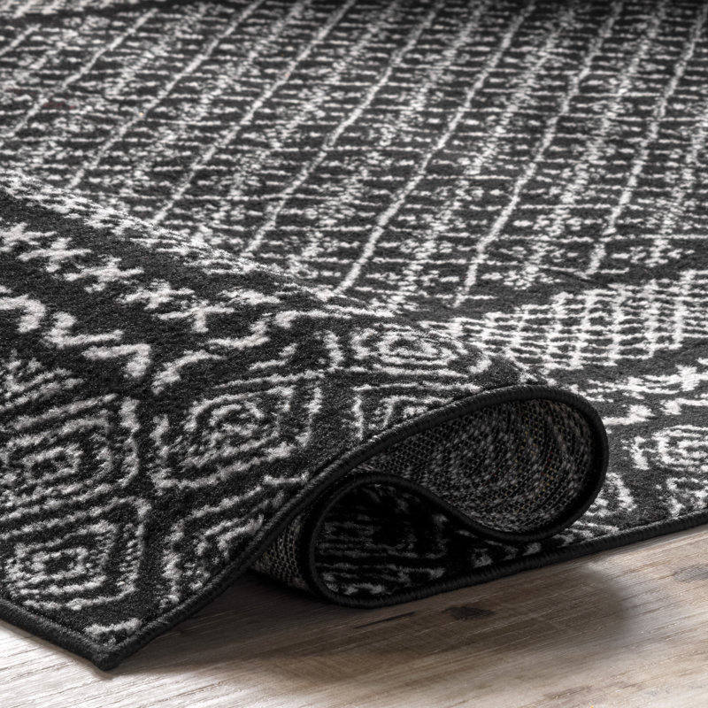 Tapis noir à motif géométrique Kahseem, Rectangle 5 pi x 8 pi