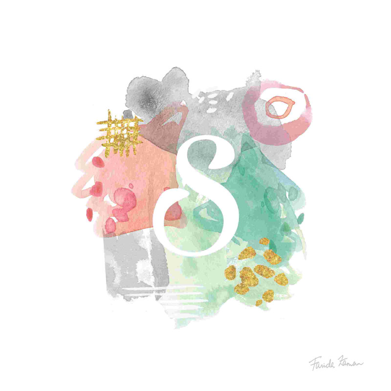 «Abstract Monogram S» par Farida Zaman, art textuel sur toile tendue, H 12 po x l 12 po, Papier avec cadre érable, Non