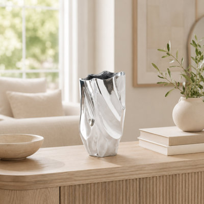 Abstract Aluminum Vase with Silver Polished Sculptural Design