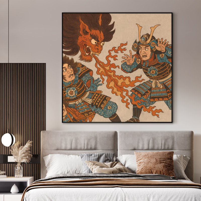 Reproduction d'art extra large Samurai contre démon - scène de combat traditionnelle de style ukiyô-e japonais, décoration artistique audacieuse pour le salon ou la chambre à coucher, assemblage de cadre requis