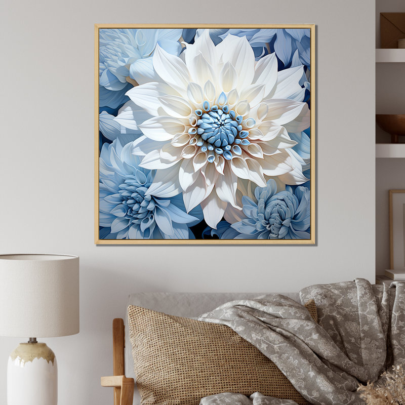 «White and Blue Dahlia Embrace», reproduction sur toile, Cadre naturel flottant, H 36 po x l 36 po