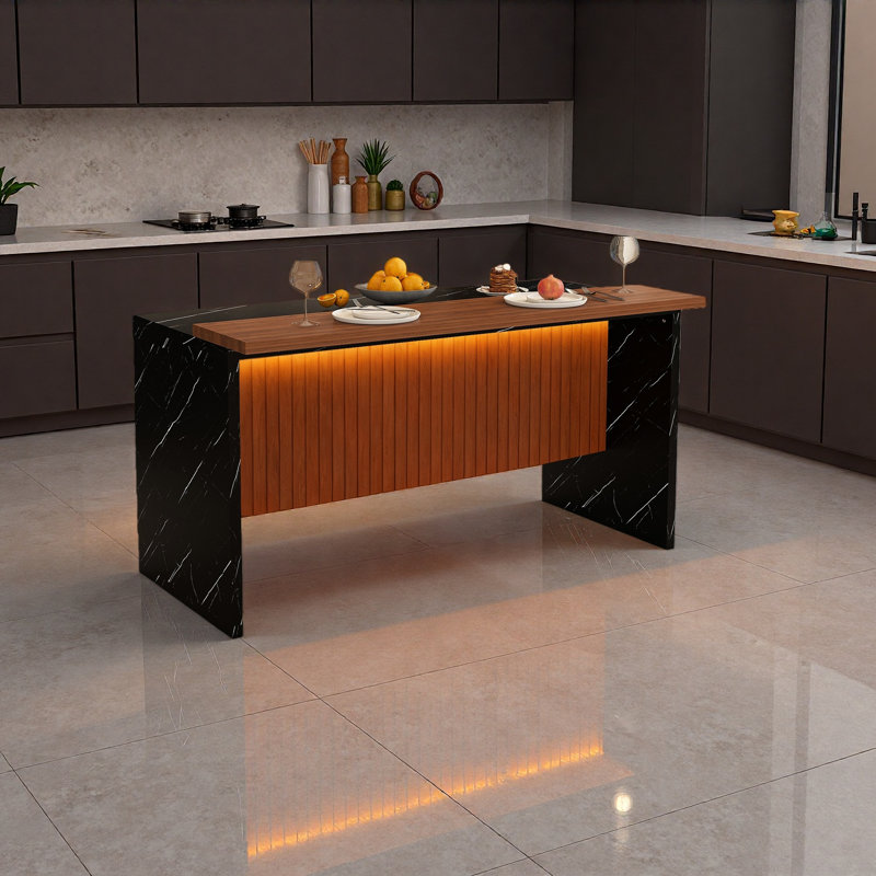 63" Modern Kitchen Island With Marble-Look Surface, LED Lights & Grille Design For Dining Room, Living Room, Black