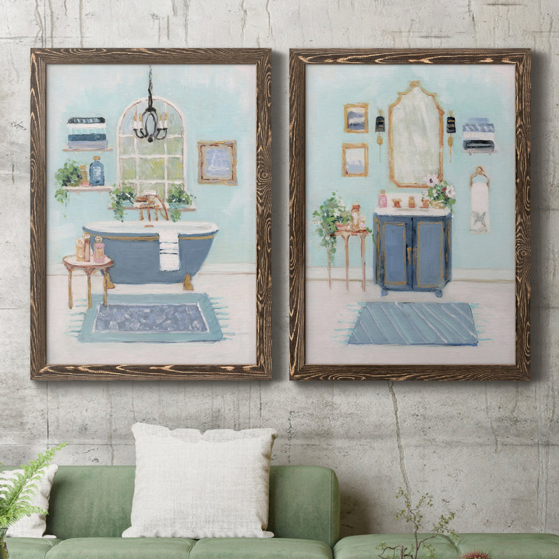 «Blue Bath I», peinture sur toile 2 pièces, H 20 po x l 34 po x P 1,5 po, Encadré de bois de noyer