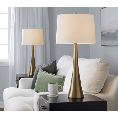 Lampe de table contemporaine 29 po en métal, bronze doré mat avec abat-jour en lin blanc, ensemble de 2