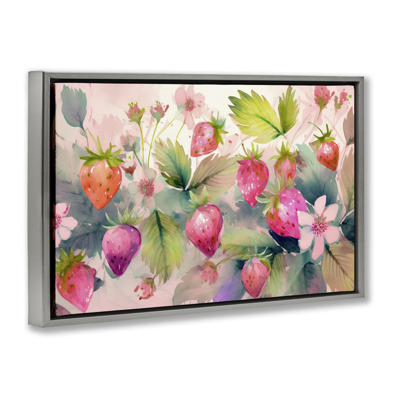  «Pink Strawberries & Bloom», toile flottante encadrée par Alina Georgescu, H 21 po x l 31 po, Cadre flottant gris lustré