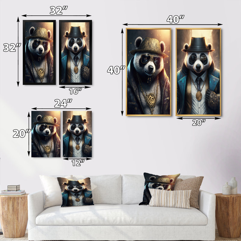 «Panda Gangster In NYC», 2 pièces sur toile, Encadrement doré, H 32 po x l 32 po