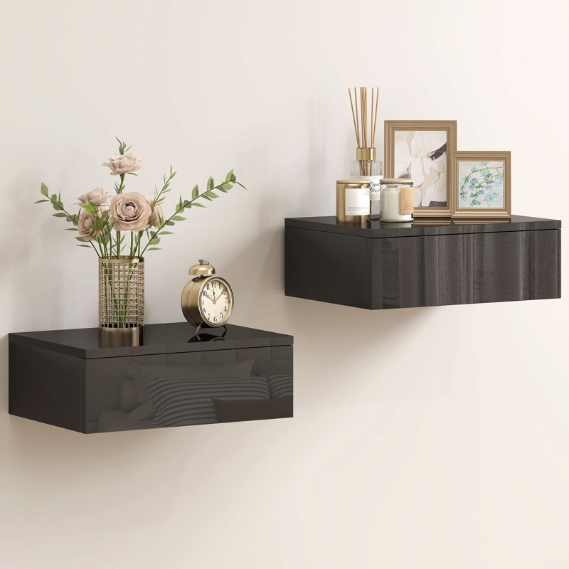 Ensemble de 2 tables de chevet flottantes, noir brillant, Noir