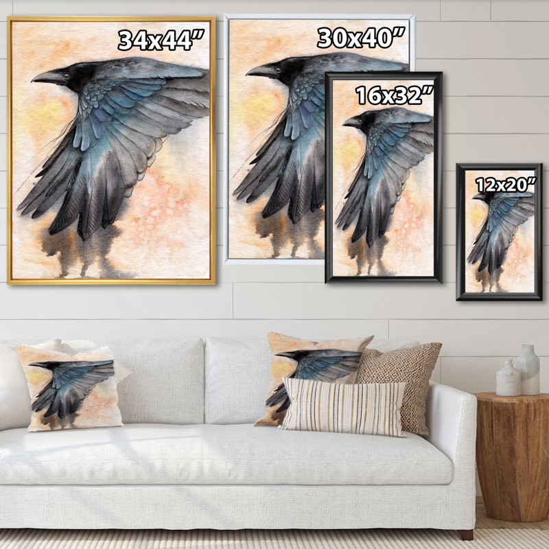 Corbeau noir déployant ses ailes - peinture sur toile, H 32 po x l 24 po, Cadre flottant doré