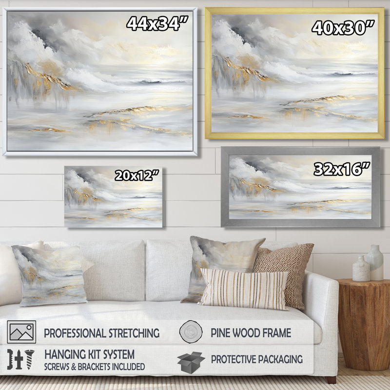 Pure Golden Winter Beach Landscape I - plage côtière, art mural, H 28 po x l 60 po, Cadre flottant, Brun