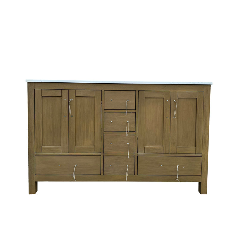Meuble-lavabo de 55 po avec lavabos doubles et trou pour robinet, lavabo de rangement en chêne 4 portes, 6 tiroirs, comptoir, céramique, mécanisme de fermeture en douceur pour utilisation sans effort, lavabo en céramique, contreplaqué de bois massif