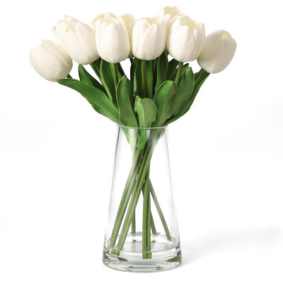 Tulipes blanches artificielles dans un vase en verre avec de l'eau artificielle - 10 tiges de fleurs en soie de polyuréthane pour la décoration de chambre à coucher, 2 pièces