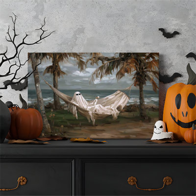 Tableau sur toile encadré (1 pièce), motif fantôme de plage vintage, ambiance Halloween, féerique et mystérieuse. Parfait pour le salon, la chambre à coucher, le bureau, la salle de bain, une chambre d'étudiant ou toute autre pièce de la maison. Prêt à accrocher.
