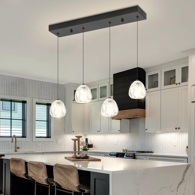 L'îlot de cuisine en cristal allume des lustres linéaires noirs à 4 lumières pour la salle à manger