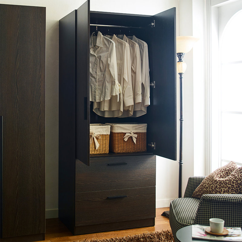 Two-Door Wood Closet with Two Drawers and Hanging Bars, Dark Brown
