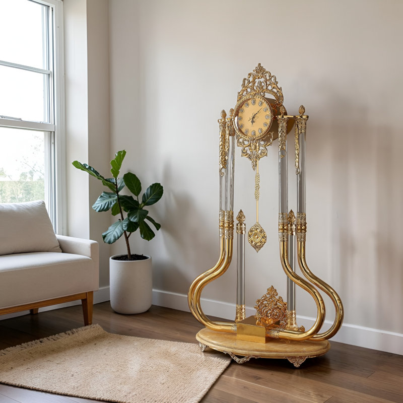 Gold Brass Ornate Floor Clock Lucite Marble Base Luxury Pendulum Clock