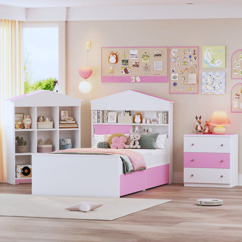 Ensemble de chambre à coucher 3 pièces, Rose / blanc