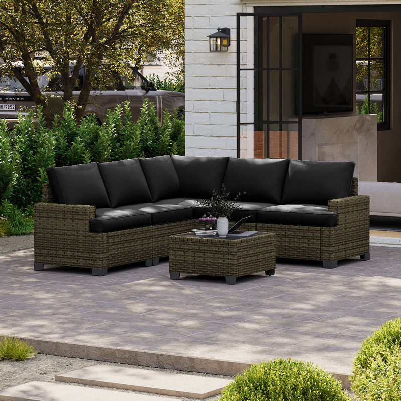 Ensemble de conversation modulaire de 6 pièces en résine tressée spéciale PE avec coussins de 10 cm et table basse, Beige