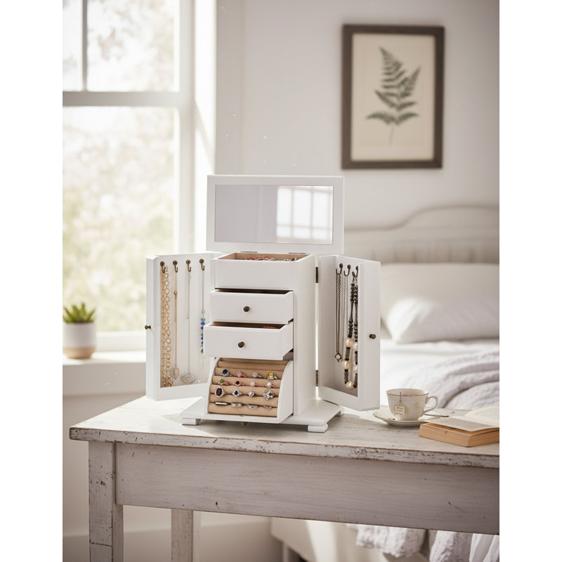 Elegant Farmhouse Wood Jewelry Box 4-Layer Organizer, White