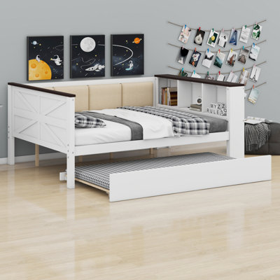 Wood Daybed With Storage Shelves, Upholstered Backrest,USB And Trundle