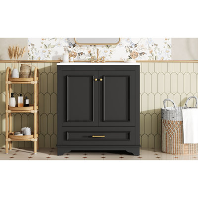 30" Bathroom Vanity With Ceramic Sink, Drawer, And Adjustable Shelf - Luxurious, Practical Storage, Soft Closing Doors, Elegant Patterns, Solid Wood Frame, Perfect For Small Bathrooms 30.5" Sink