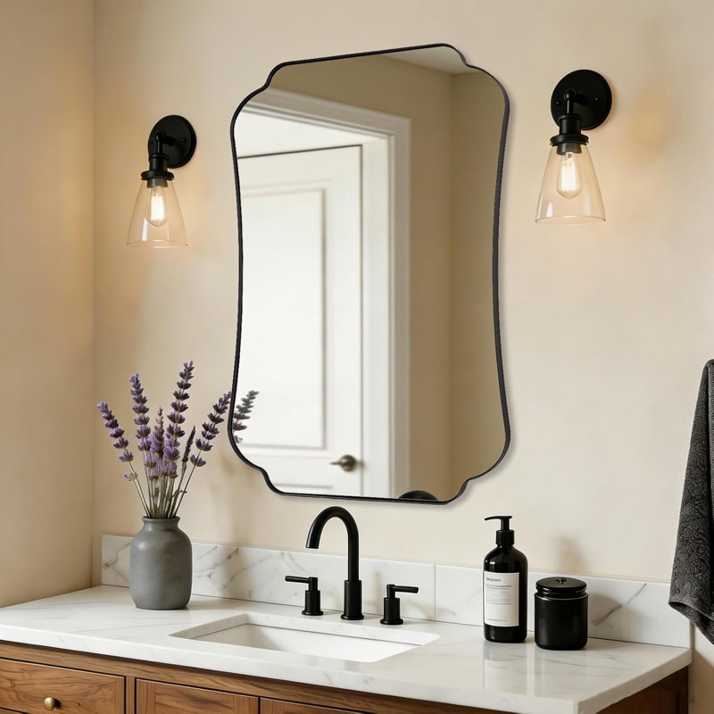 Miroir de salle de bain Contemporary Cadre en acier inoxydable, Noir mat, 36 po x 24 po