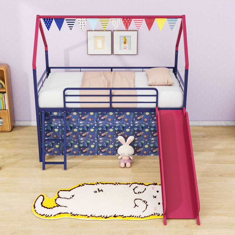 Twin House Loft Bed With Slide And Curtain, Navy Blue Red
