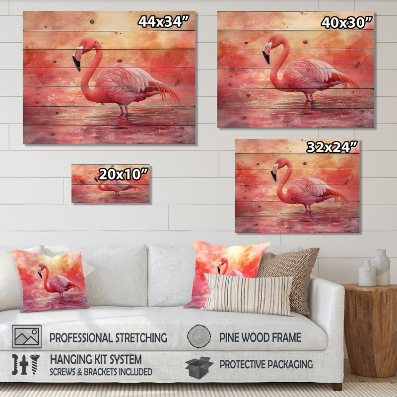 Flamant rose au coucher du soleil - Art mural animal flamant rose sur bois de pin naturel, H 34 po x l 44 po x P 0,78 po