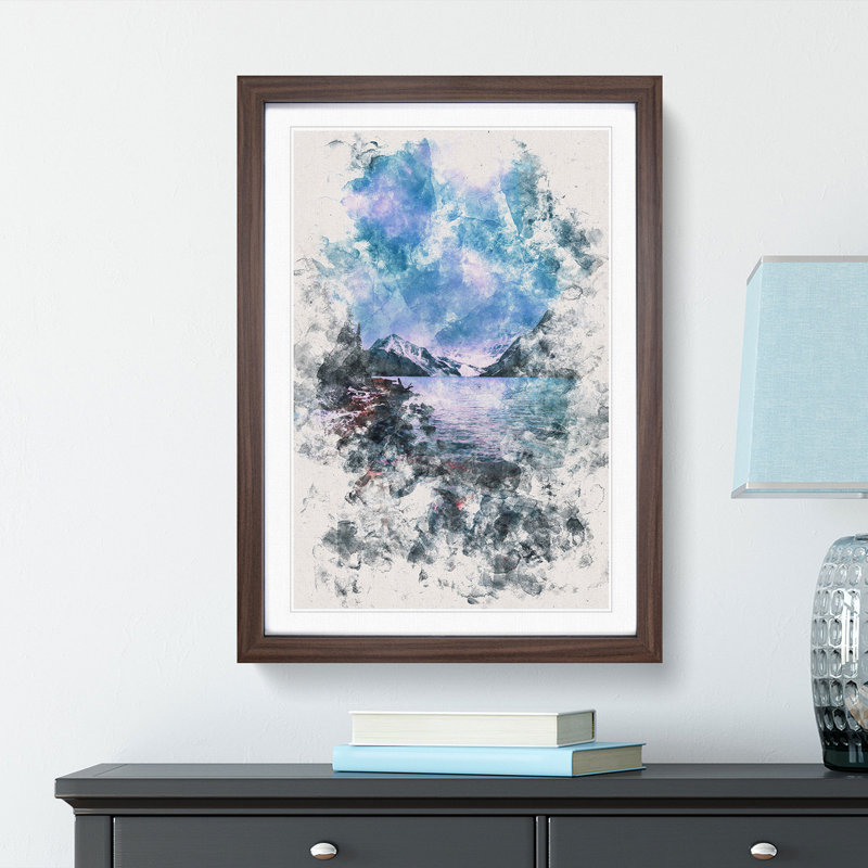 Chephren Lake In Canada Watercolour - Picture Frame Graphic Art, 33cm H x 24cm W x 2cm D, Walnut Framed