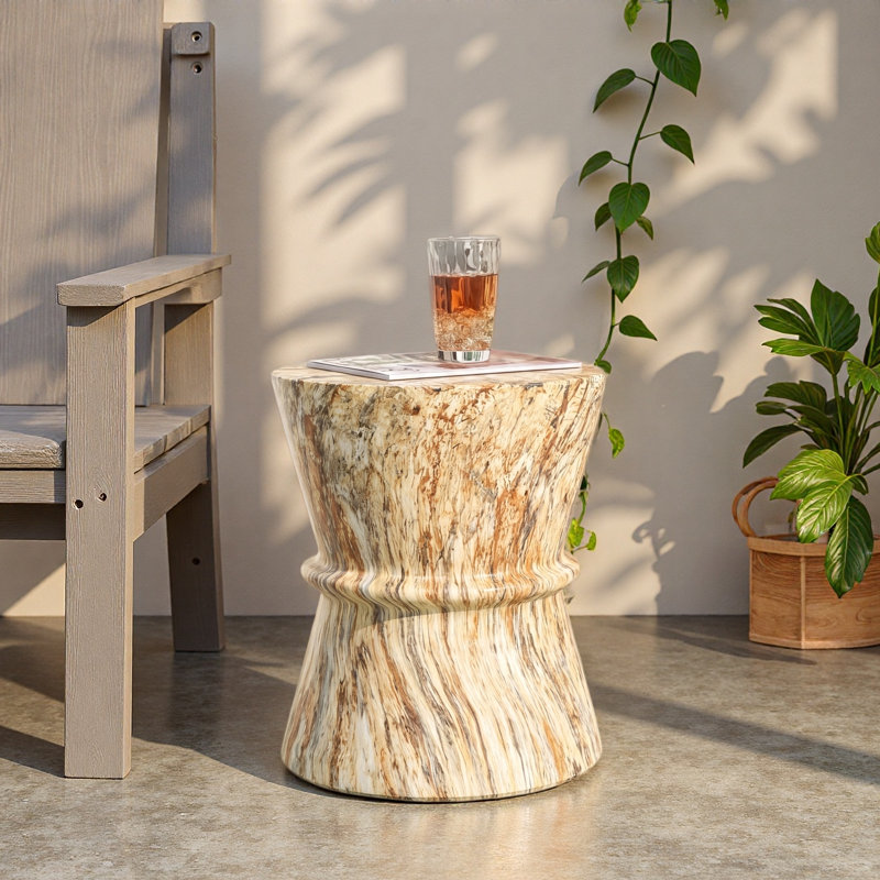 Hourglass Shape Outdoor Side Table, Concrete Contemporary Lightweight Accent Table With Simulated Stone Texture, Amber