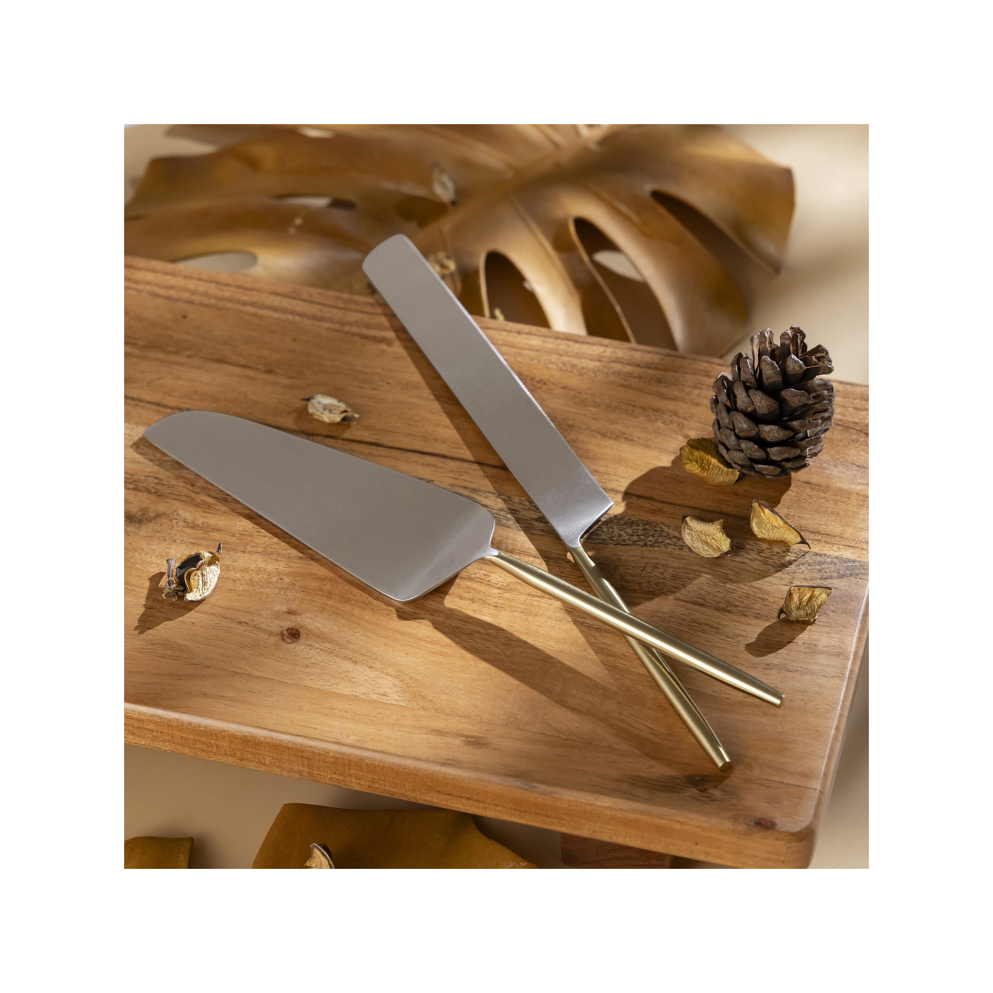 Set Of 2 Silver & Black Stainless Steel Dessert Set, Gold