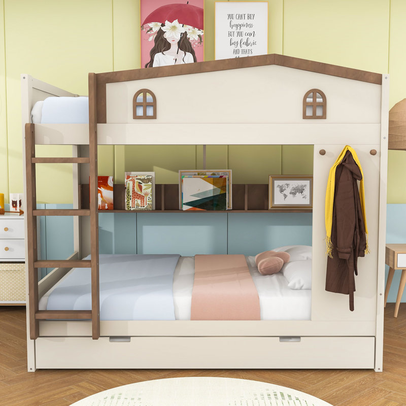 Wooden Bunk Bed with Trundle and Side Shelves and Ladder, Queen Over Queen, Beige/Natural