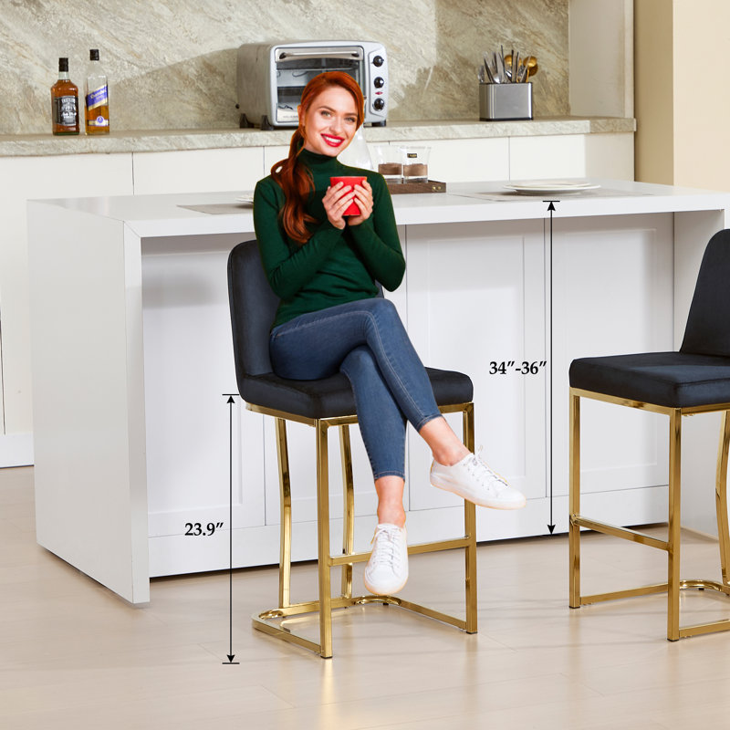Modern Upholstered Counter Height Bar Stool With Metal Frame, Black/Gold, Extra Tall = 35” Seat Height