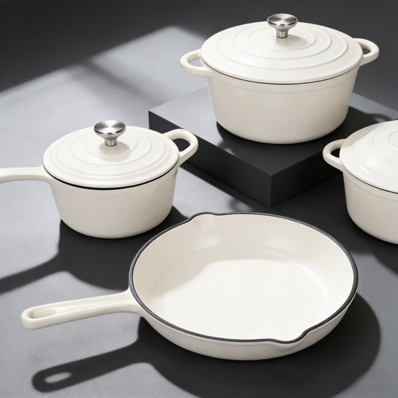 Batterie de cuisine en fonte émaillée, casseroles et poêles antiadhésives 7 pièces avec couvercles, comprenant une cocotte, une poêle et une casserole pour un chauffage uniforme sur toutes les cuisinières et la cuisson au four