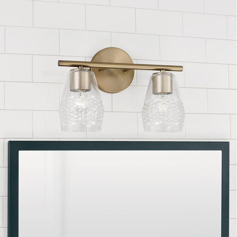 Meuble-lavabo 2 lumières l 14 po x H 9,5 po en laiton vieilli avec verre embossé à losanges, Laiton vieilli
